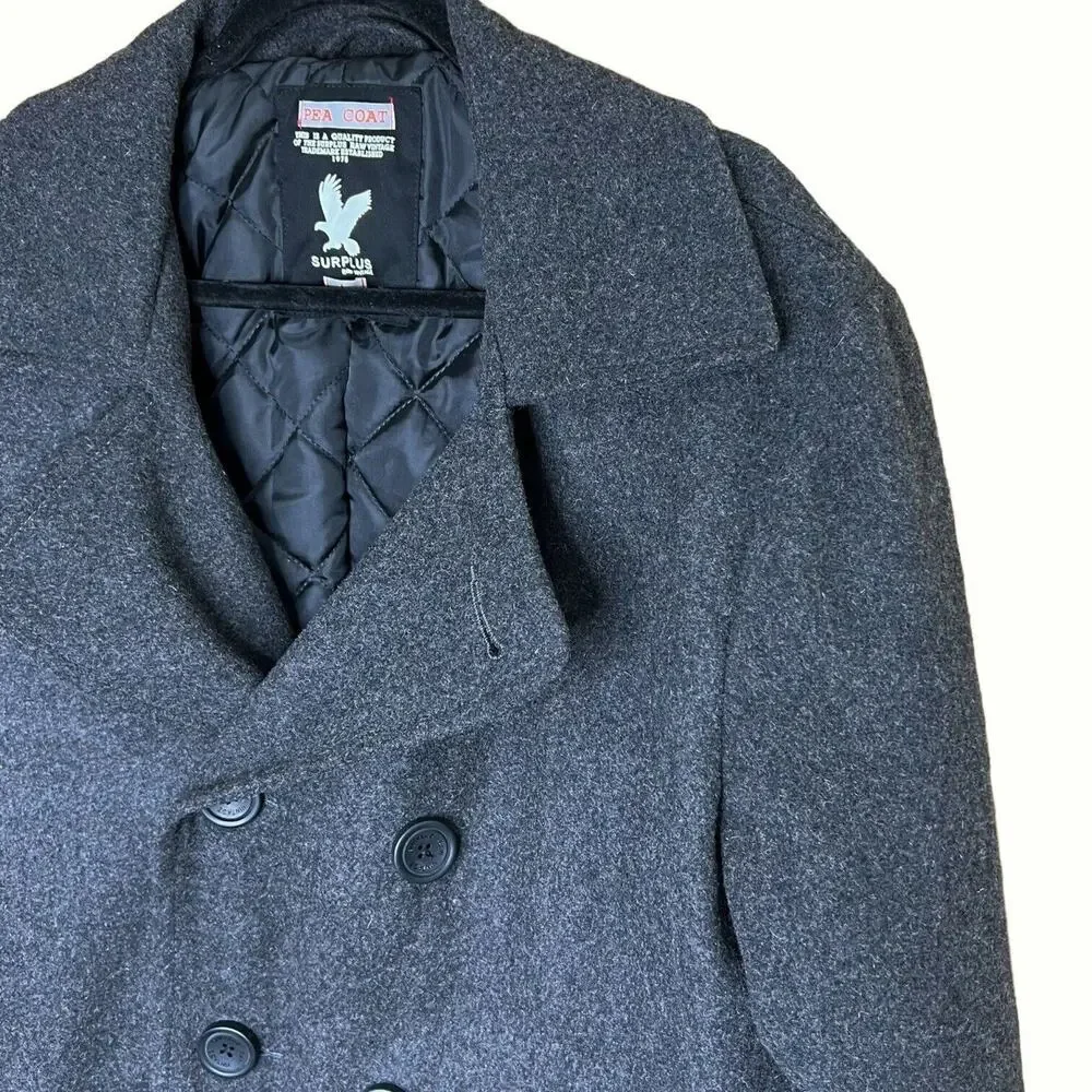 Surplus Raw Vintage Mens Wool Blend Gray Double Breasted Pea Coat Large